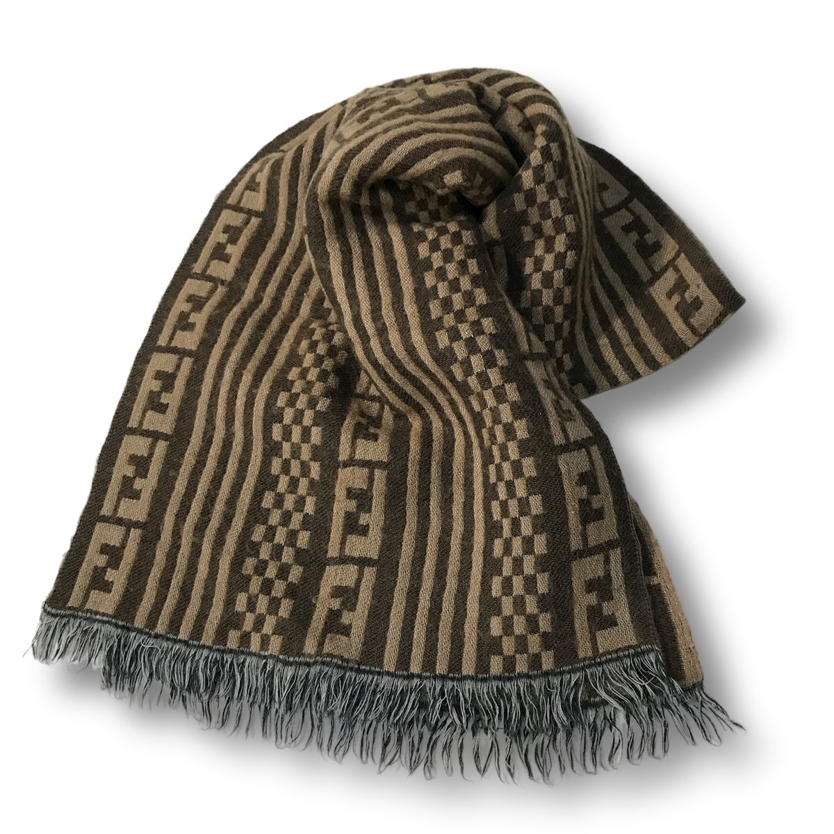厳選商品】 FENDI ズッカ柄 ウールマフラー ブラウン系 90s イタリア製