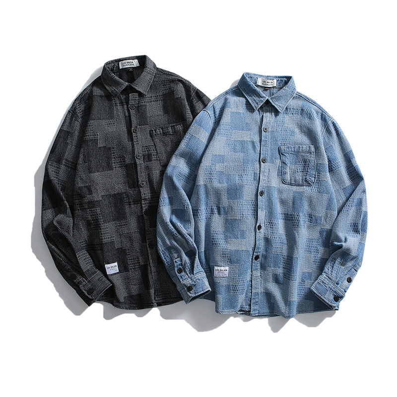 パッチワーク インディゴ デニム カジュアル シャツ | AMBER MONA STORE