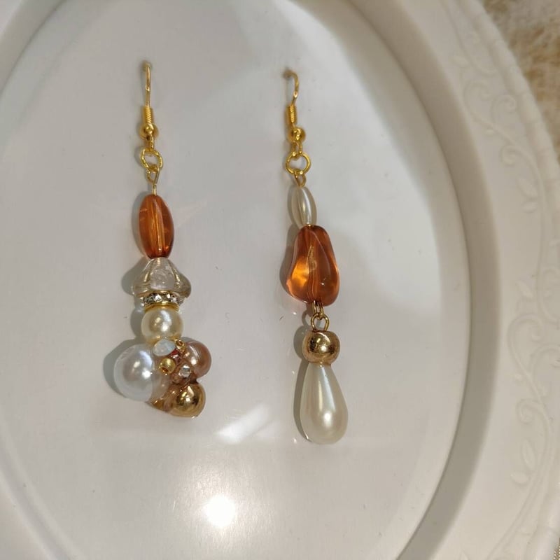 No.195 チェコビーズ ブラウンのグラデーションピアス ハンドメイド