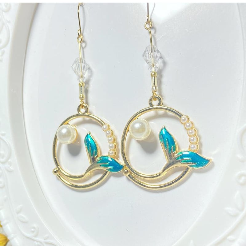 ハンドメイドピアス 人魚パーツ チェコビーズ 人魚姫 海 | hs-Store
