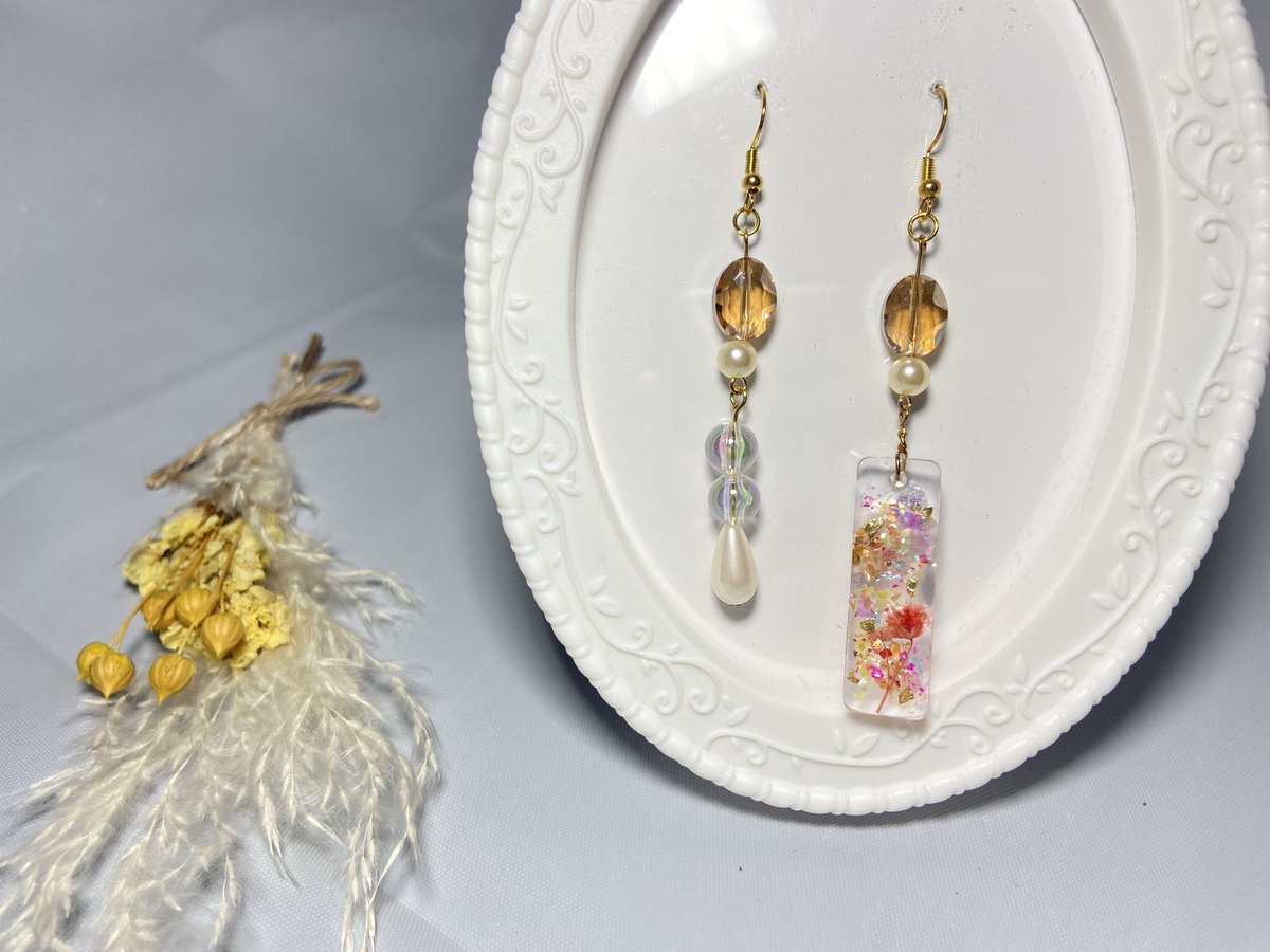 レジン　カボション　シェル　ピアス　ハンドメイド 151.しずく型べっ甲押し花シェルカボションレジンパーツ(8個