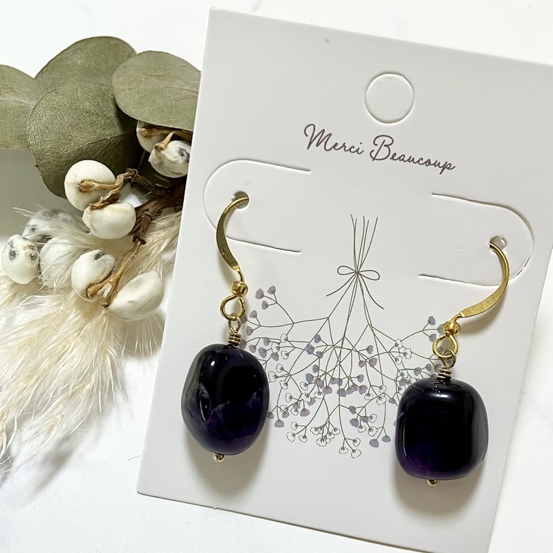 10.天然石 アメジスト 紫水晶 ゴールド フックピアス ハンドメイド