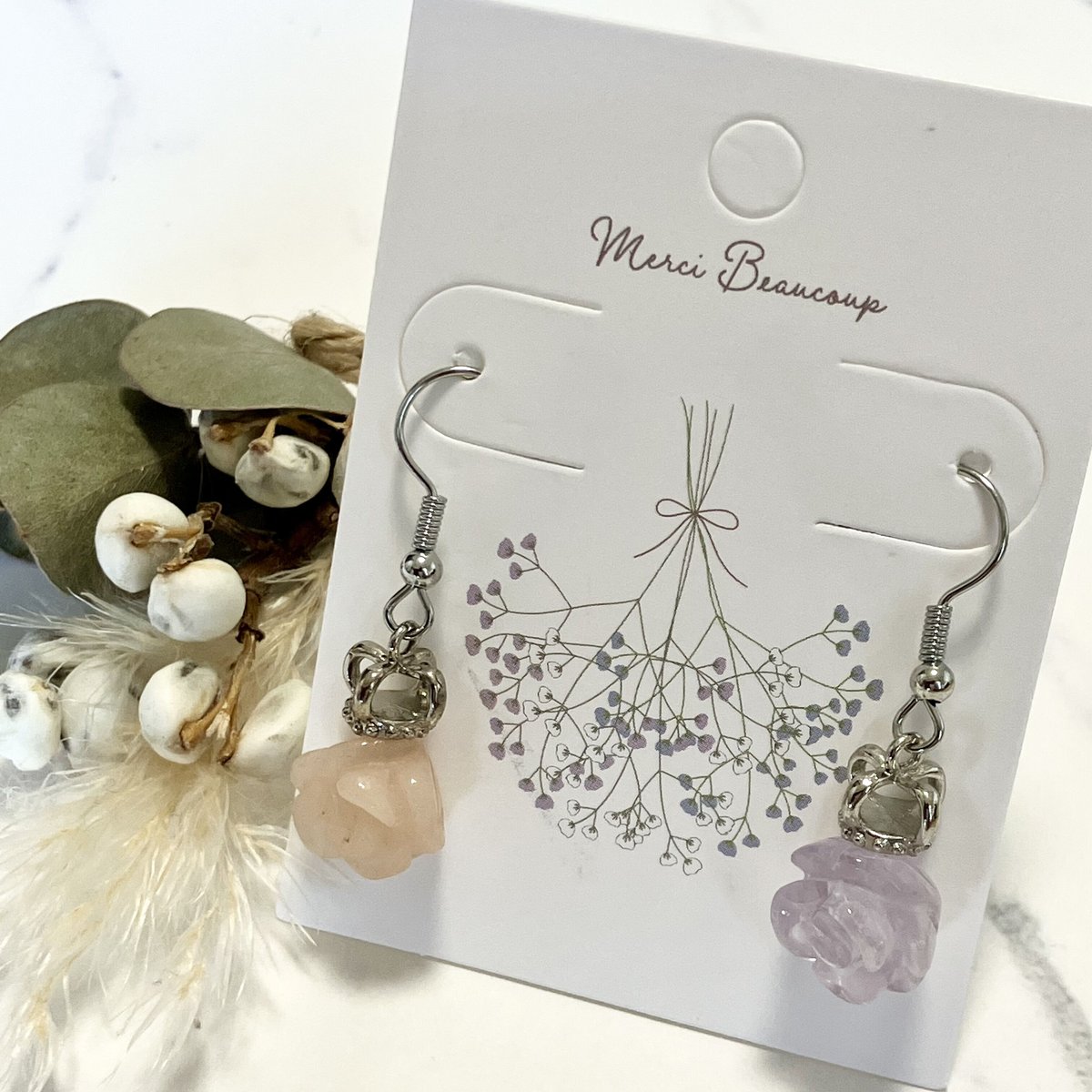 ☆❤️ 天然石　水晶　羽　ウィング　薔薇　ピアス　イヤリング　ハンドメイド ☆❤️ 天然石水晶羽ウィング薔薇ピアスイヤリングハンドメイド