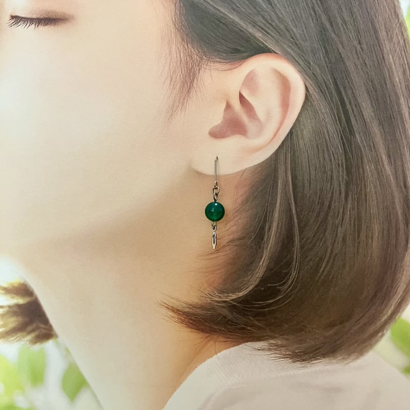 13.天然石 グリーンアゲートシルバー フックピアス ハンドメイド
