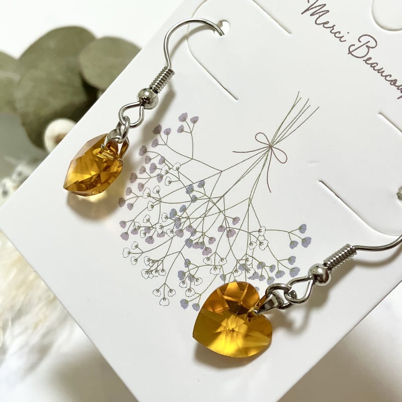 17.ハート ガラスカット 琥珀色 シルバー フックピアス ハンドメイド