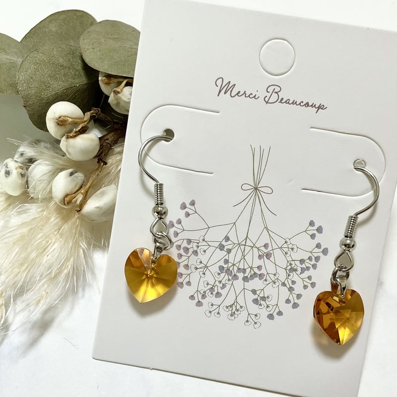 『5194』ハンドメイドピアス 17.ハート ガラスカット 琥珀色 シルバー フックピアス ハンドメイド