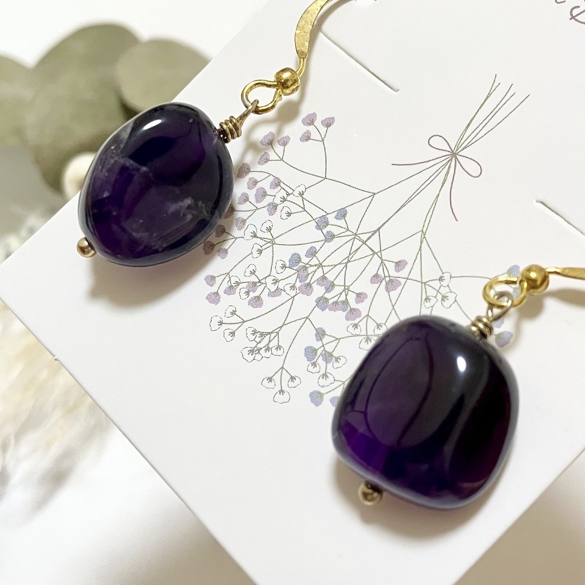 10.天然石 アメジスト 紫水晶 ゴールド フックピアス