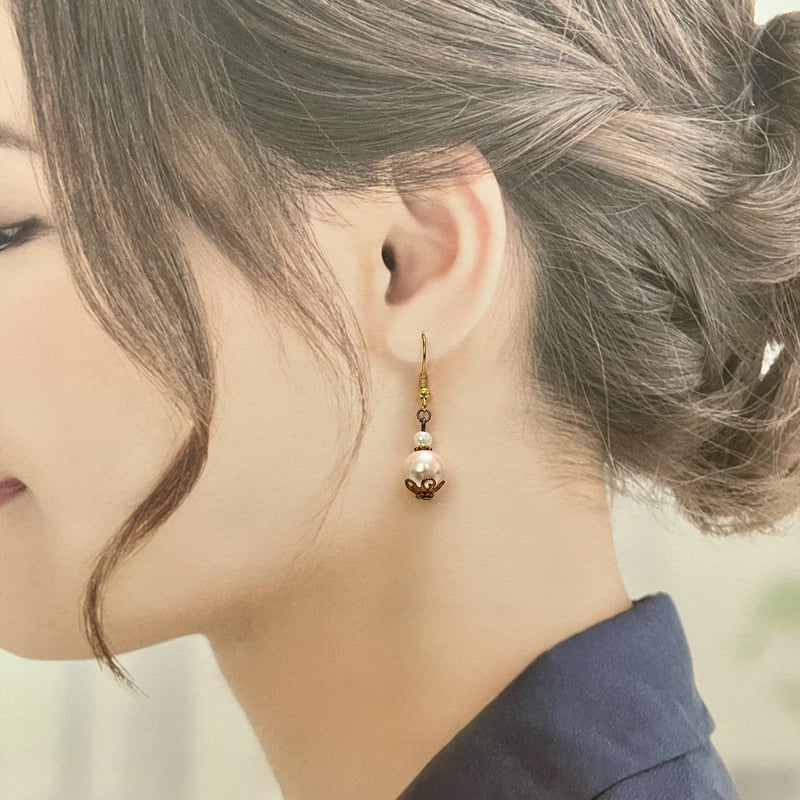 4.ピンクパール ピンク×ゴールド フックピアス ハンドメイド | PEARL ROSE