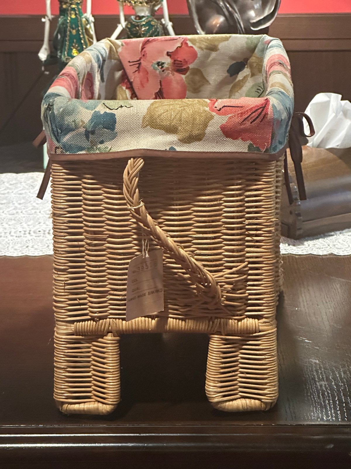 ファンシーなレトロ ぞうさんラタン風カゴ収納☆木の取っ手付☆美品