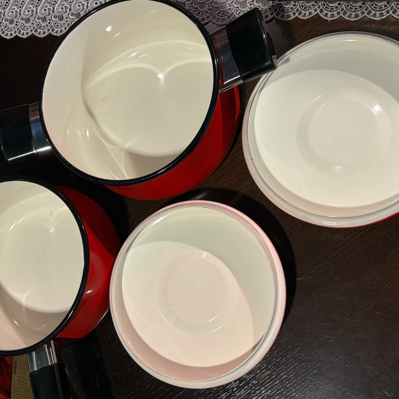 昭和レトロ 真っ赤なホーロー鍋セット 片手鍋1.8L 両手鍋2.2L