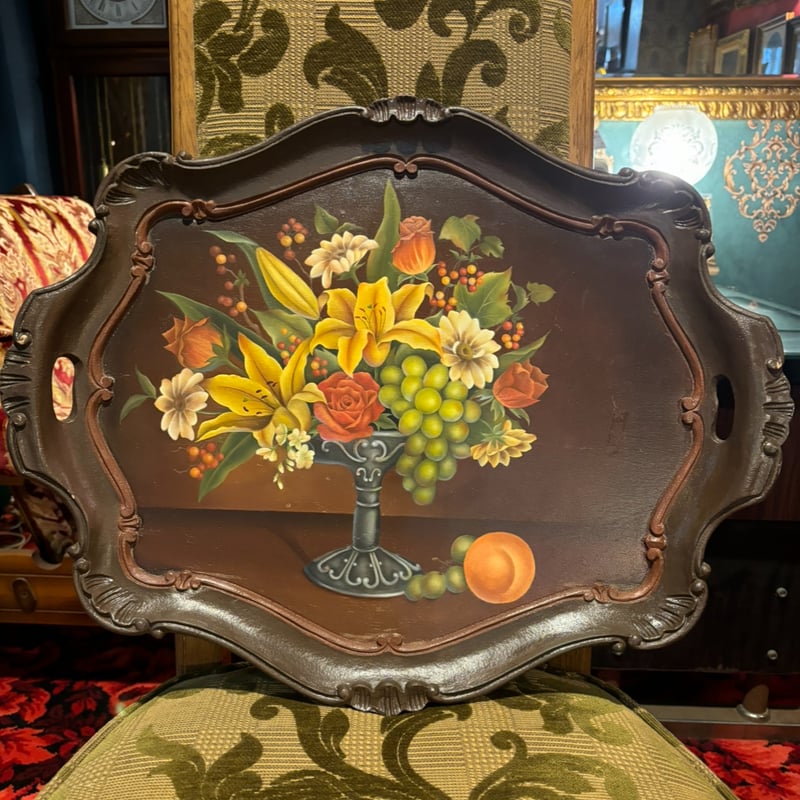 【イタリア】ヴィンテージ 木製 トレイ フロレンタイン 金色 深緑 大きめ イタリア】ヴィンテージ 木製 トレイ フロレンタイン 金色 深緑