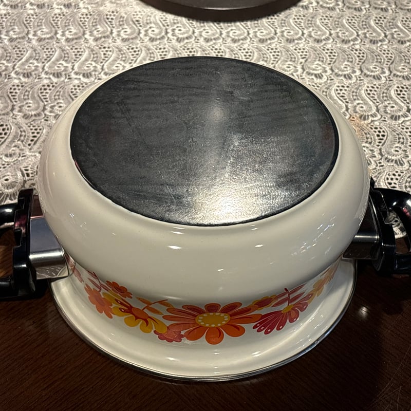 80s ビンテージ ホーロー鍋 ウッドハンドル 両手鍋 煮込み レトロ 美品