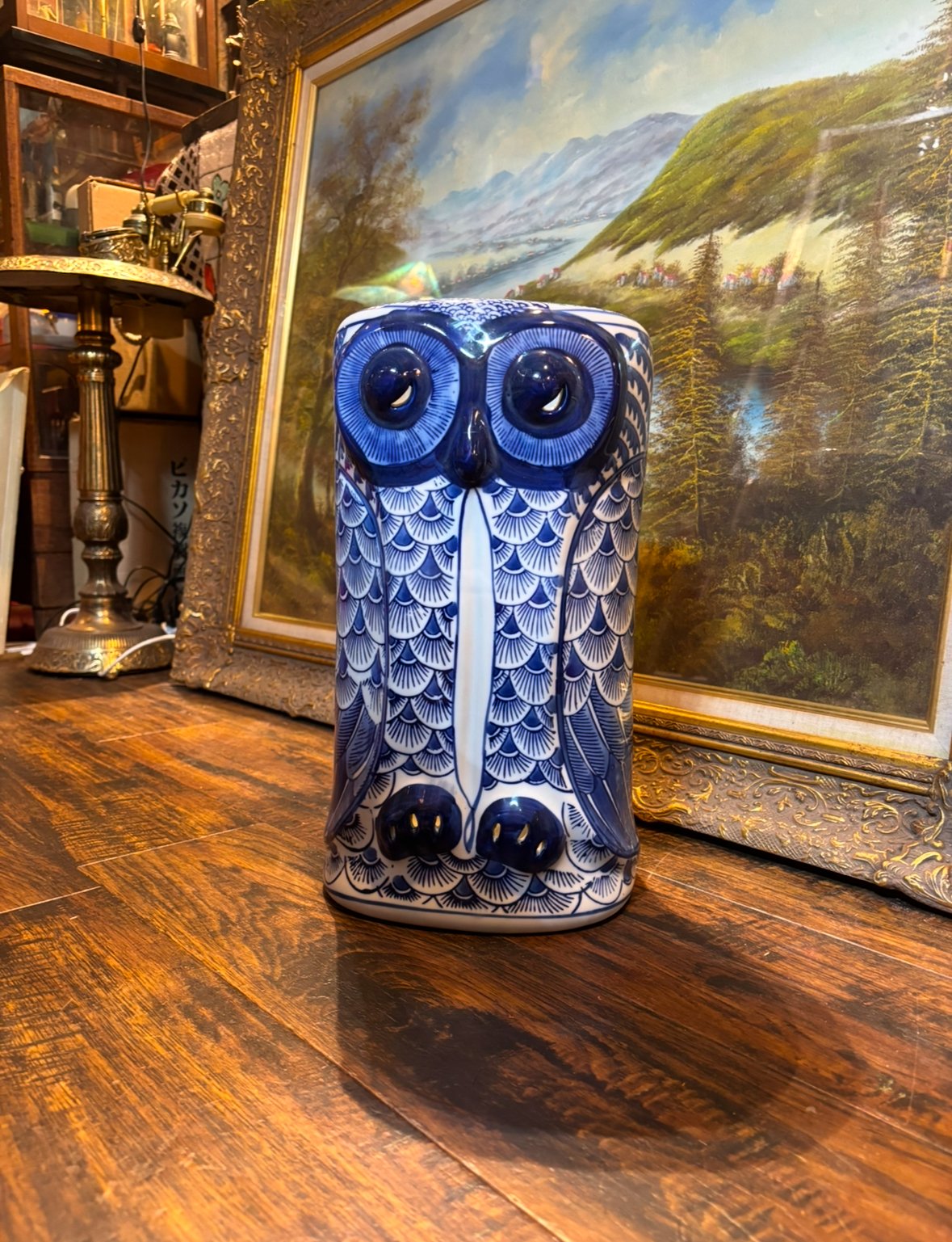 陶器染付 フクロウ(不苦労)の傘立て | アンティーク家具と喫茶