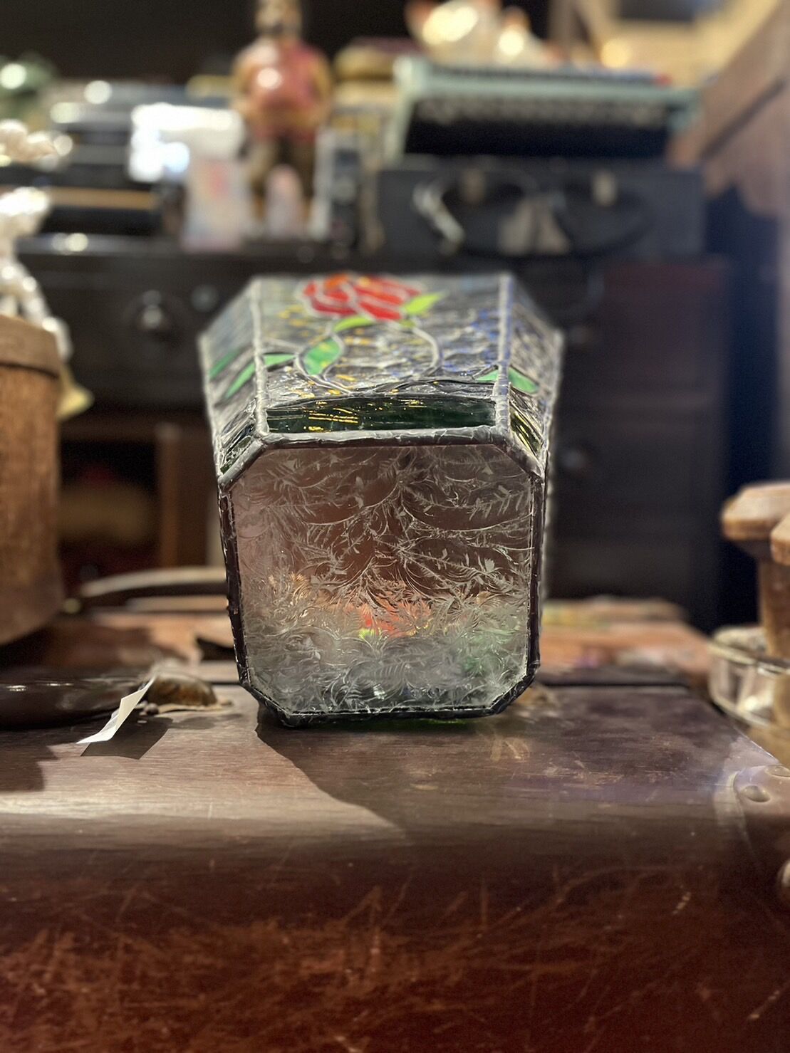 花柄ステンドグラスの入れ物・鉢・ゴミ箱 | アンティーク家具と喫茶