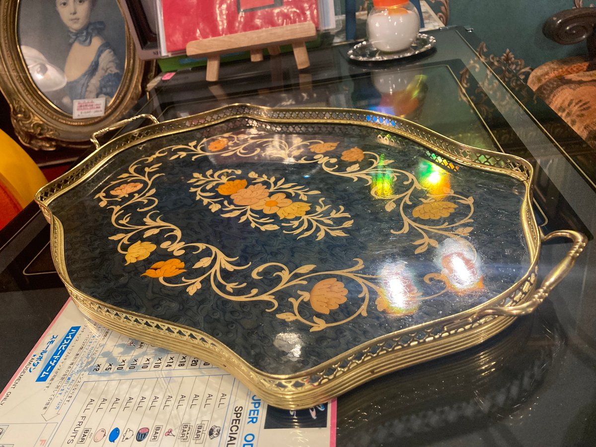 2点セット・イタリア製・象嵌トレー・グリーン花柄・アンティーク 2点セット・イタリア製・象嵌トレー・グリーン花柄・アンティーク