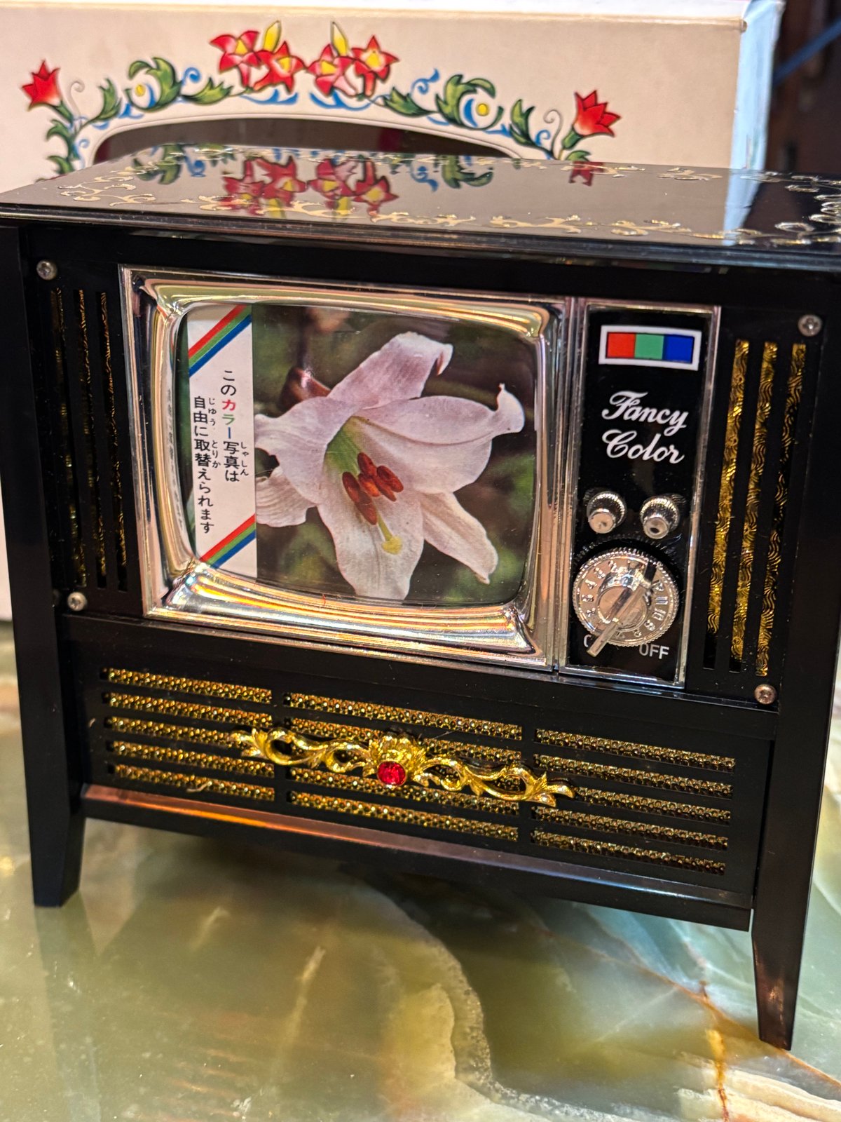 花柄オルゴール ミラー付き 昭和時代 JANICA カラーテレビ型オルゴール | アンティーク家具と喫茶キャバレー