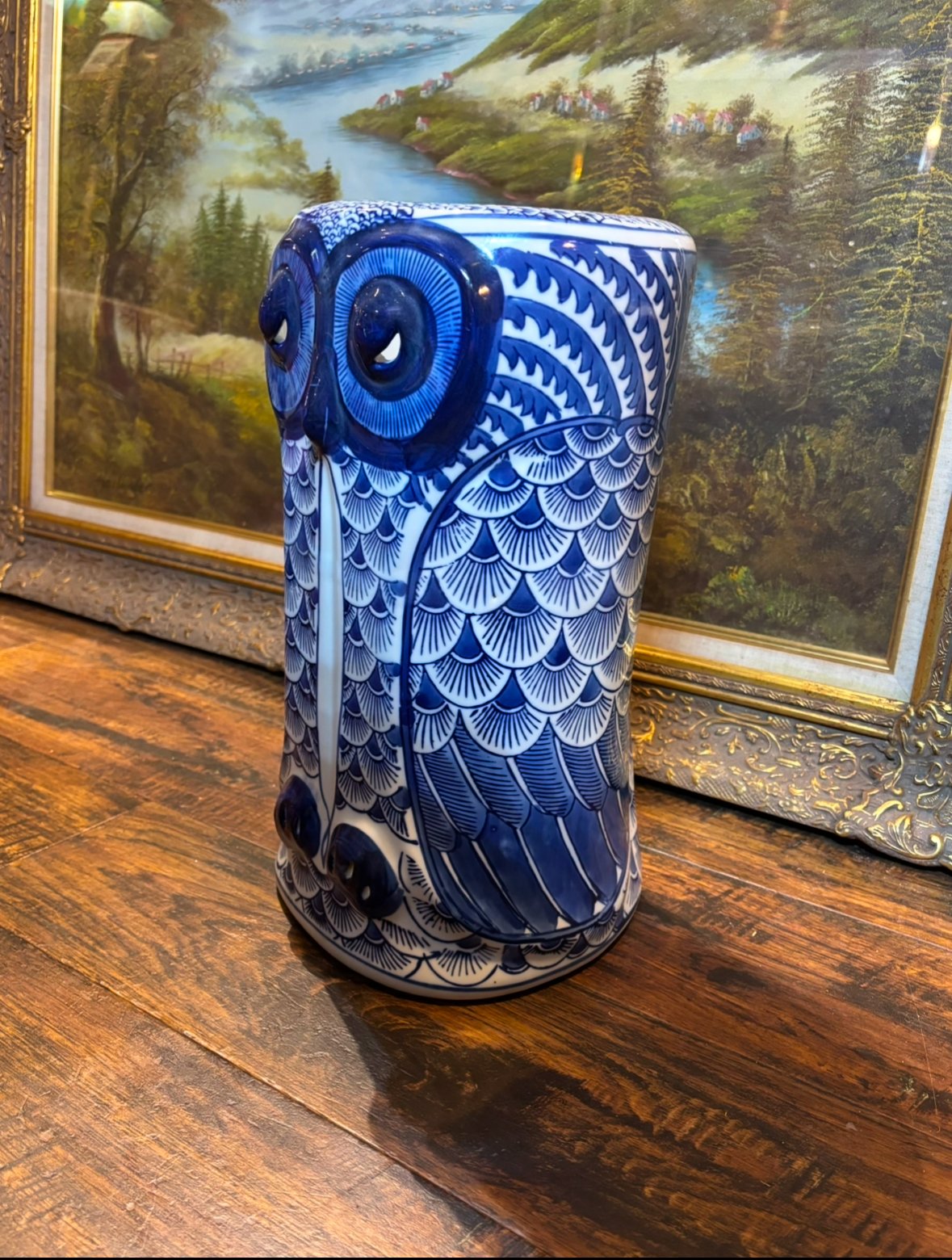 陶器染付 フクロウ(不苦労)の傘立て | アンティーク家具と喫茶