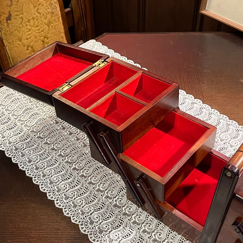 アンティーク レトロ 三段 木製ソーイングボックス 裁縫箱 - 収納家具