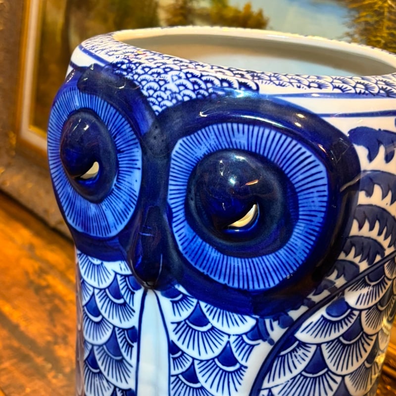 陶器染付 フクロウ(不苦労)の傘立て | アンティーク家具と喫茶