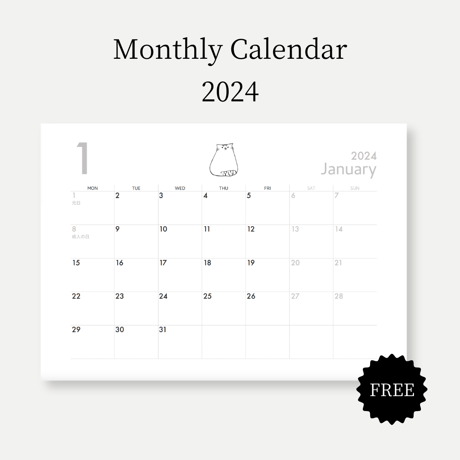 [無料]A4サイズ 月間カレンダー猫(月曜始まり) 2024年