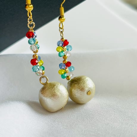 【きら0376】コットンパールとお花のピアス（カラフル×キスカ）
