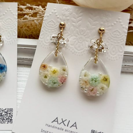 【AXAE343】雫イヤリング（かすみ草・パステル）14kgf、金具交換可