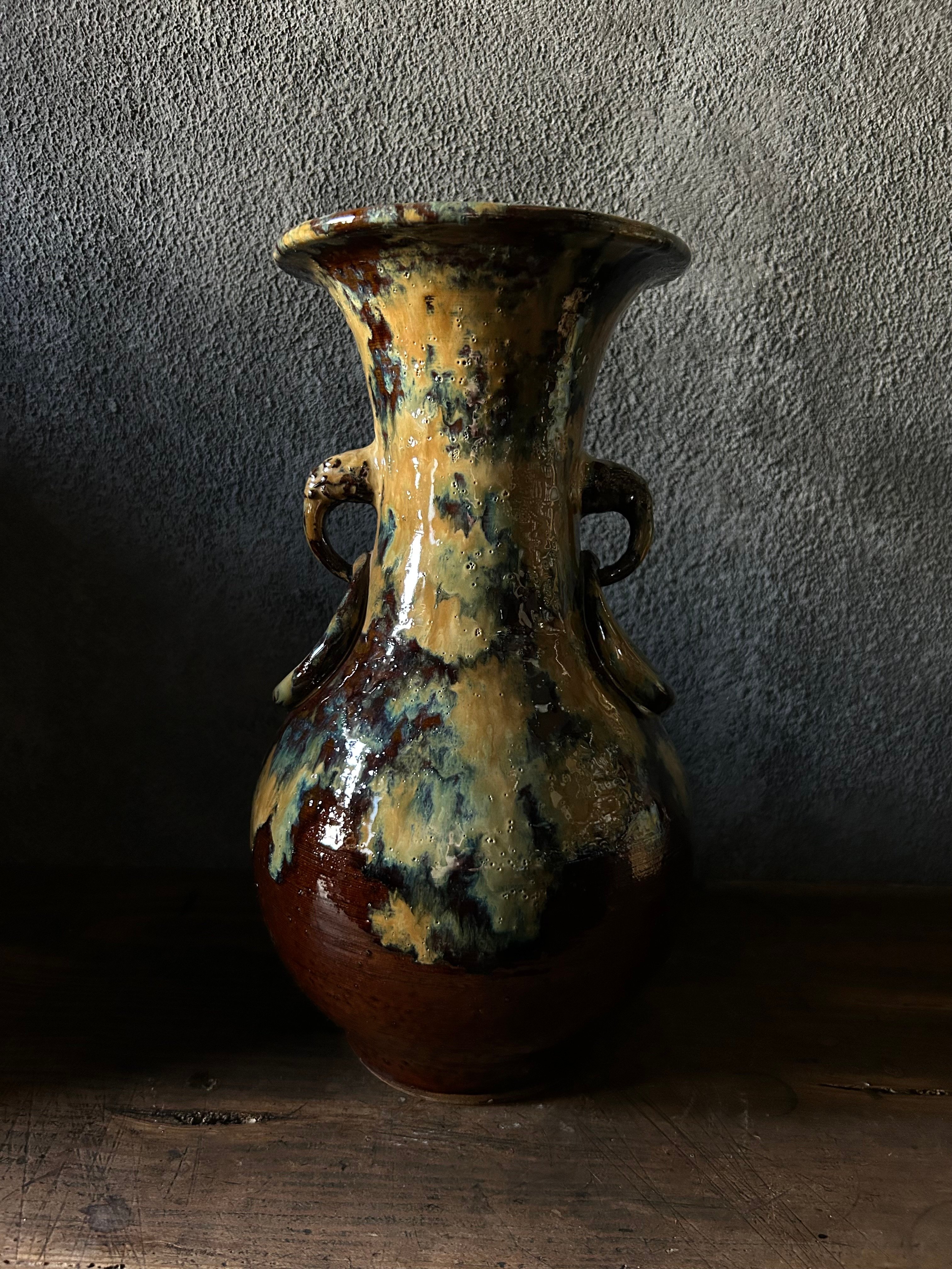 古小鹿田焼　おんた　陶器　龍虎 壺 レリーフ 飾り壺花瓶　コレクション original