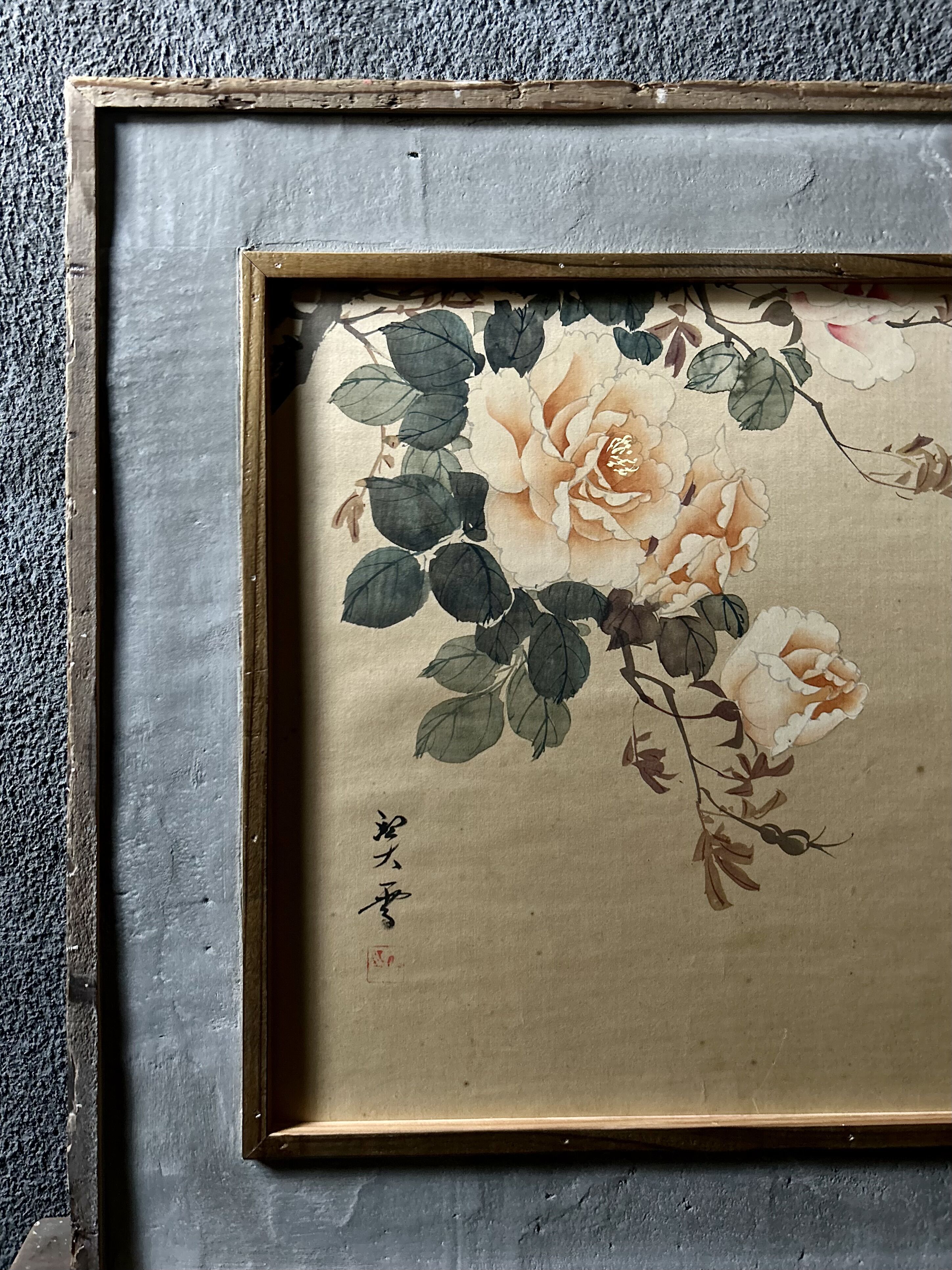 【華やかな牡丹の絵画】玉玲 木製額縁入り・サイン有り 古道具 ビンテージ 日本画 original