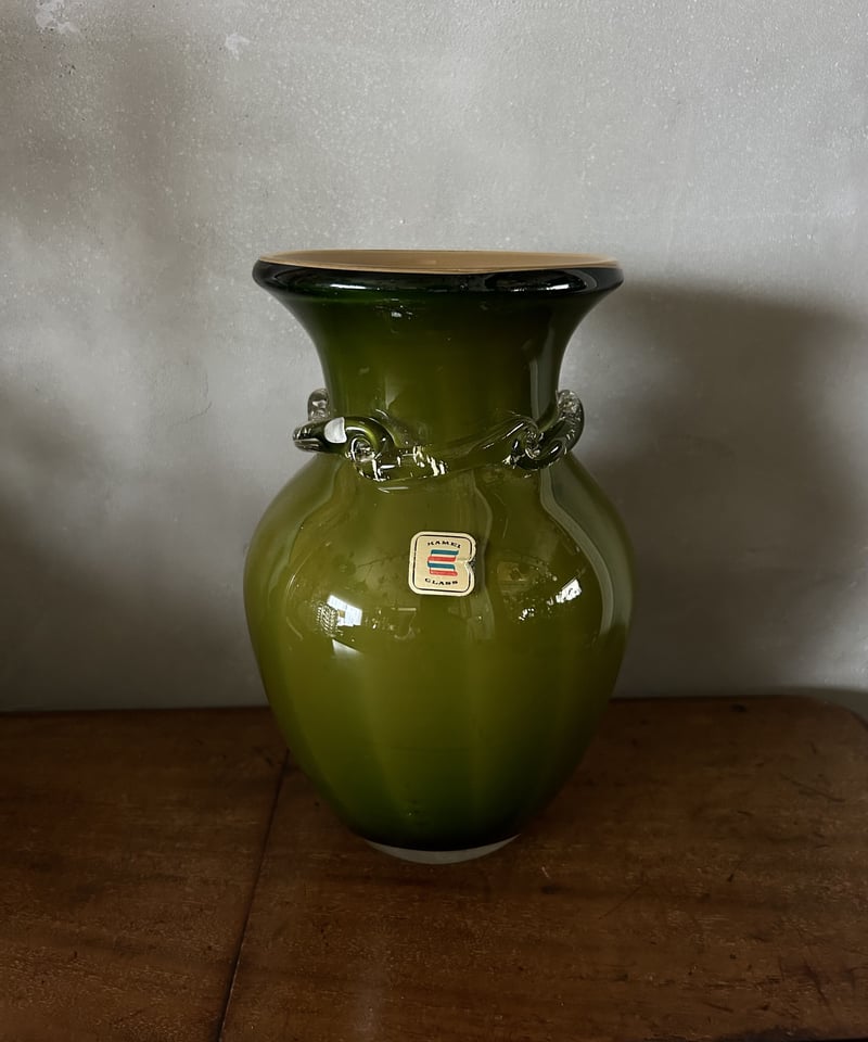 カメイガラス★水盤☆フラワーベース☆まるで手捻りの様な芸術品★古いお品☆ フラワーベースE/カメイガラス/緑色/黄色/ビンテージ | 骨董