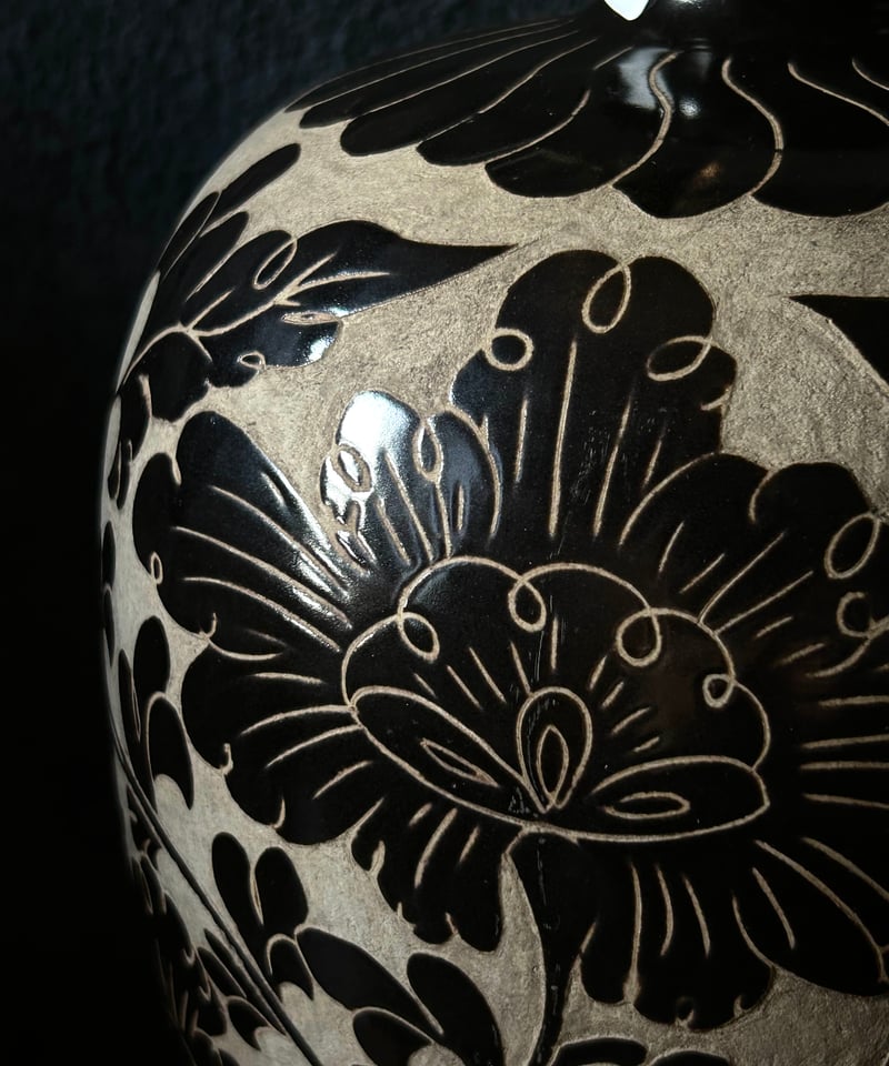 磁州窯/中国/花器/花柄/黒/大きめ/骨董 | 骨董・アンティークの 磁州窯/中国/花器/花柄/黒/大きめ/骨董 | 骨董・アンティークの