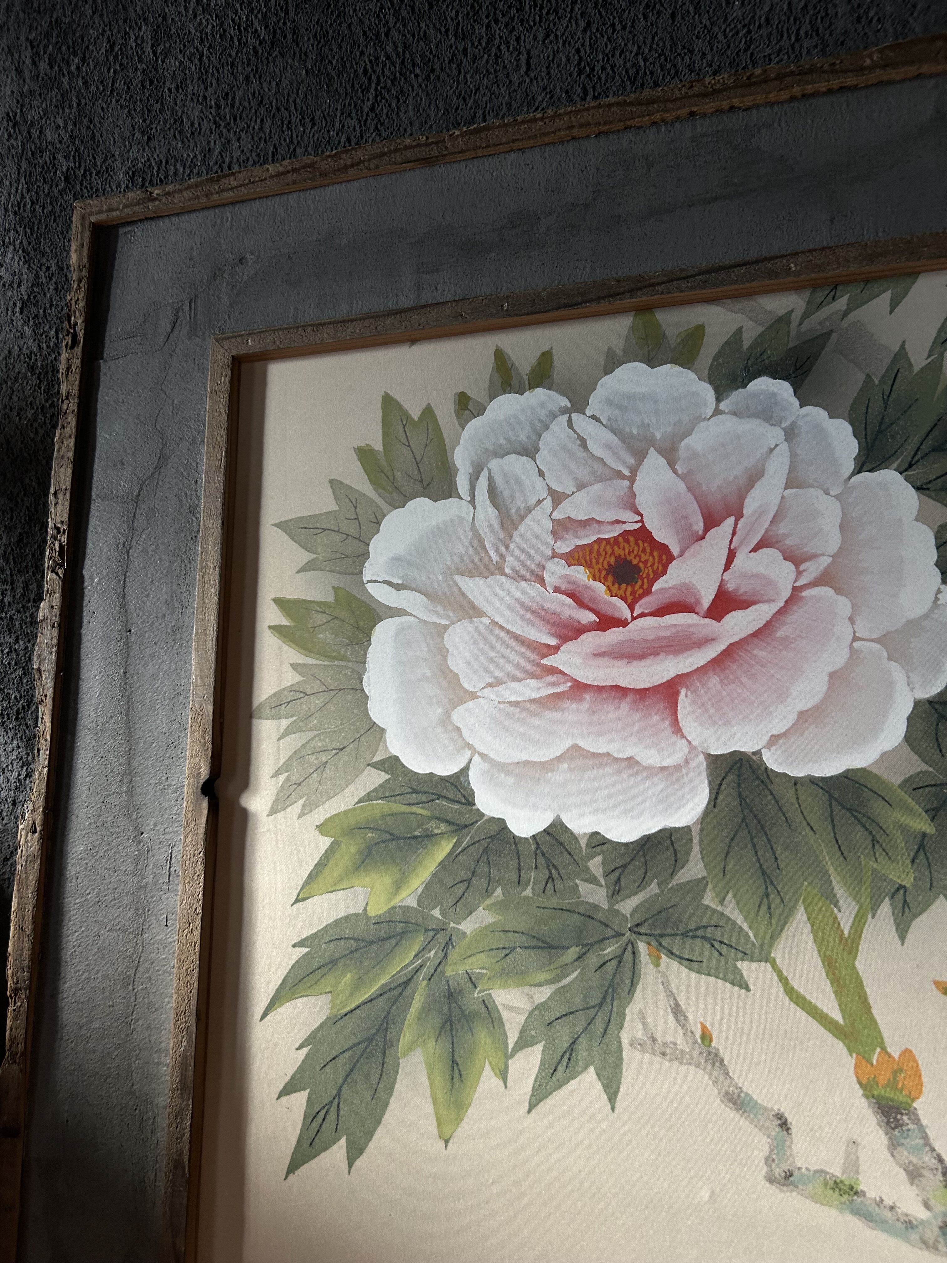 【華やかな牡丹の絵画】玉玲 木製額縁入り・サイン有り 古道具 ビンテージ 日本画 original