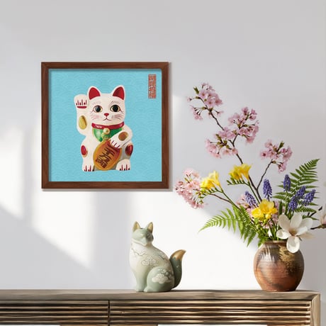 和風モダン まねきねこ ポスター 金春色 ｜正方形20cm｜サイズ調整可（19〜21cm）｜フレーム対応｜縁起物インテリア