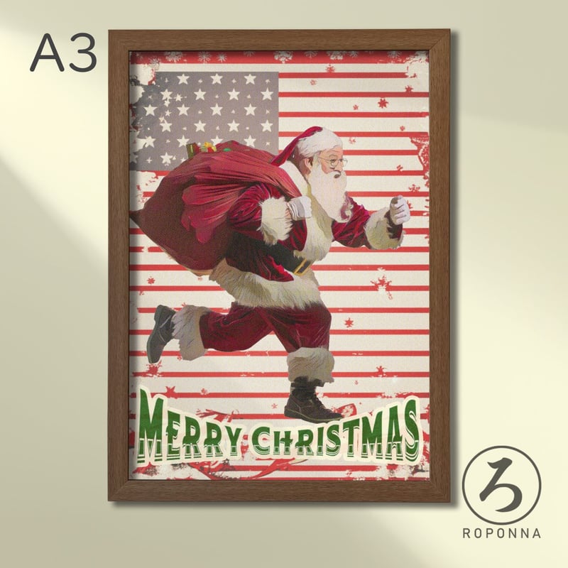 クリスマスアートポスターA3 ヴィンテージテイスト 走るサンタ | ROPONNA