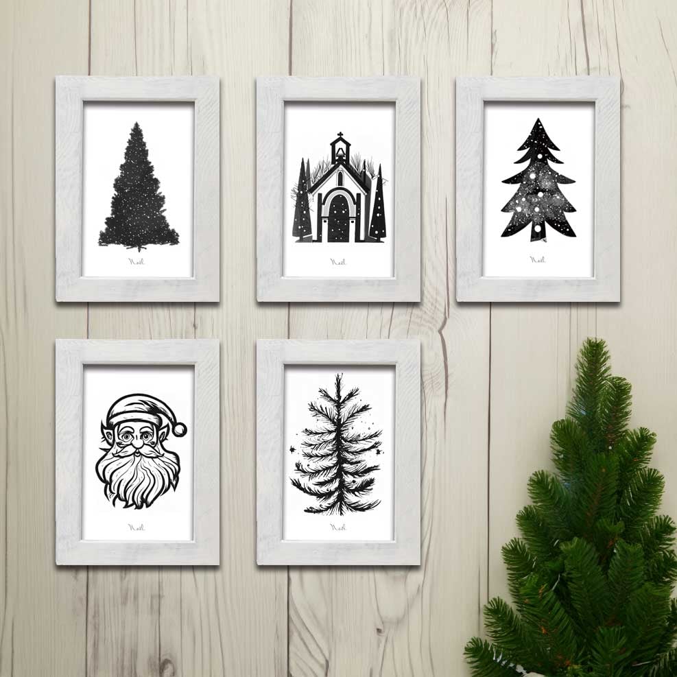 クリスマスアートポスターポストカードサイズ モノクロ 3枚セット