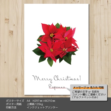 クリスマス A4 アート ポスター ポインセチア　名入れ可能