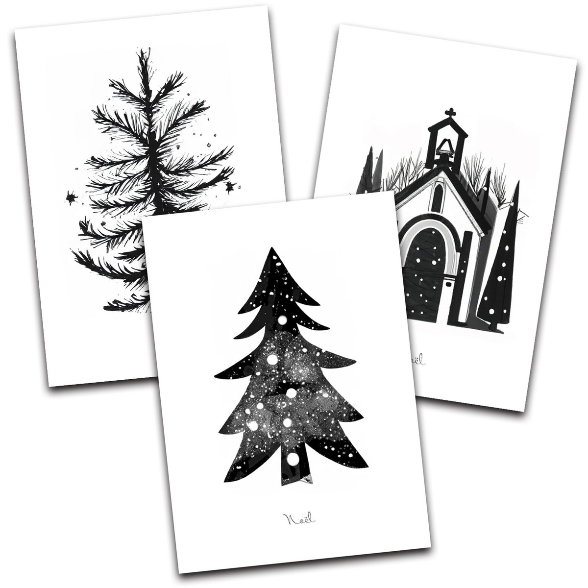クリスマスアートポスターポストカードサイズ モノクロ 3枚セット