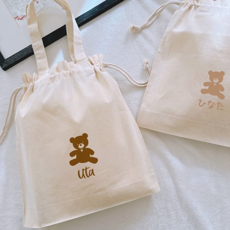 名入れ ／ 持ち手付き 巾着くま ベアー 名前 お着替え袋 体操服袋