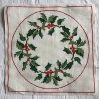 北欧　刺繍　クロスステッチ　正方形クロス　テーブルセンター　リネン　ヴィンテージ　クリスマスリース　41x41ｃｍ 未使用品