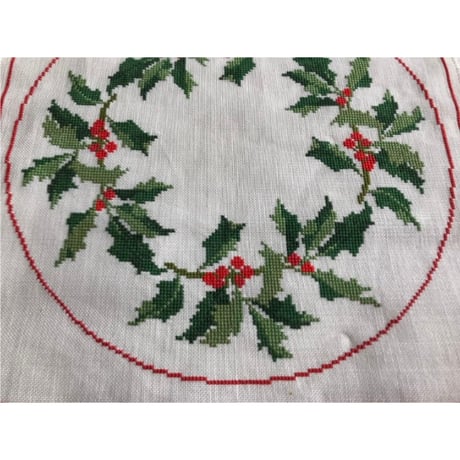 北欧　刺繍　クロスステッチ　正方形クロス　テーブルセンター　リネン　ヴィンテージ　クリスマスリース　41x41ｃｍ 未使用品