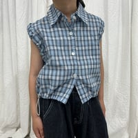 blue check frill shirt