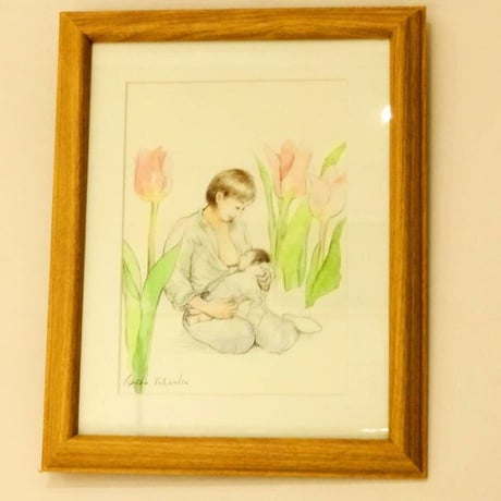 【注文絵画】授乳美人（額縁入り透明水彩）≪制作者：竹中恭子（水彩画家）≫