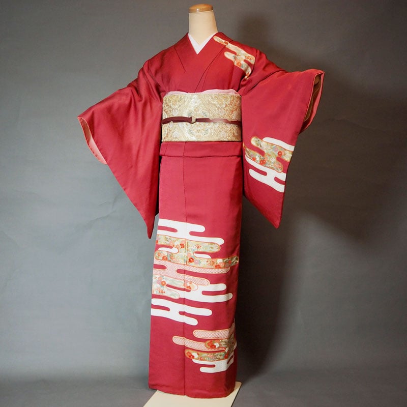 お着物配送レンタルセット・送料保険込み】真紅・エ霞文に花～訪問着
