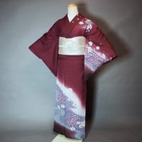 【お着物配送レンタルセット・送料保険込み】ワインレッド・流水桜模様～訪問着コーディネートセット⑬～SWワイドサイズ