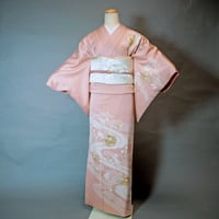 【お着物配送レンタルセット・送料保険込み】サーモンピンク絞りに鴛鴦・～訪問着コーディネートセット⑳～L