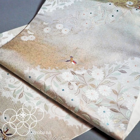 西陣織　九寸名古屋帯　【引箔】花と鳥　新品【芯入り仕立て上げ品】