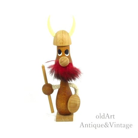 北欧デンマーク製1960-70年代ヴィンテージ木製チークウッドドールヴァイキング人形オブジェ置物【N-20478】