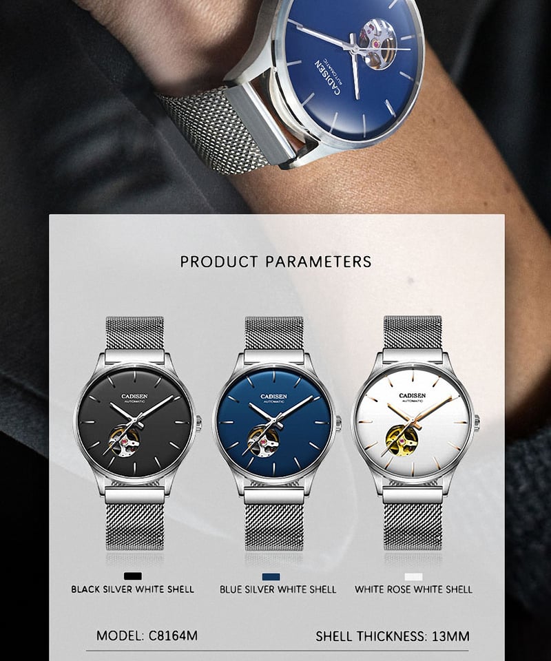 Stainless steel cadisen watches 腕時計 メンズ CADISEN カディセン C8227 メンズ腕時計 SEIKO NH35 日本製自動巻きムーブメント ステンレススチール カレンダー搭載 サファイアガラス 防水仕様 シースルーバック 高級腕時計 スーツ・フォーマルシーンやスポーツシーンでも活躍