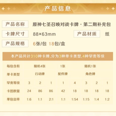 【原神公式店】七聖召喚 拡張パック 第二期 1袋 10元