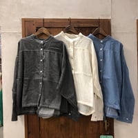 【155】シアーデニムケミカルウォッシュ加工クロトップ丈裾ドロストシャツ