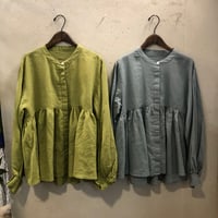 【191】バンドカラーギャザー後フリル比翼シャーリング袖ブラウス